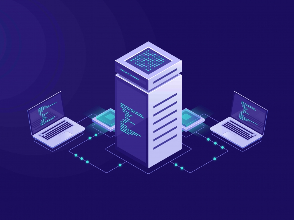 Big data processing concept, server room, blockchain technology token access, data center and database, network connection isometric illustration vector neon